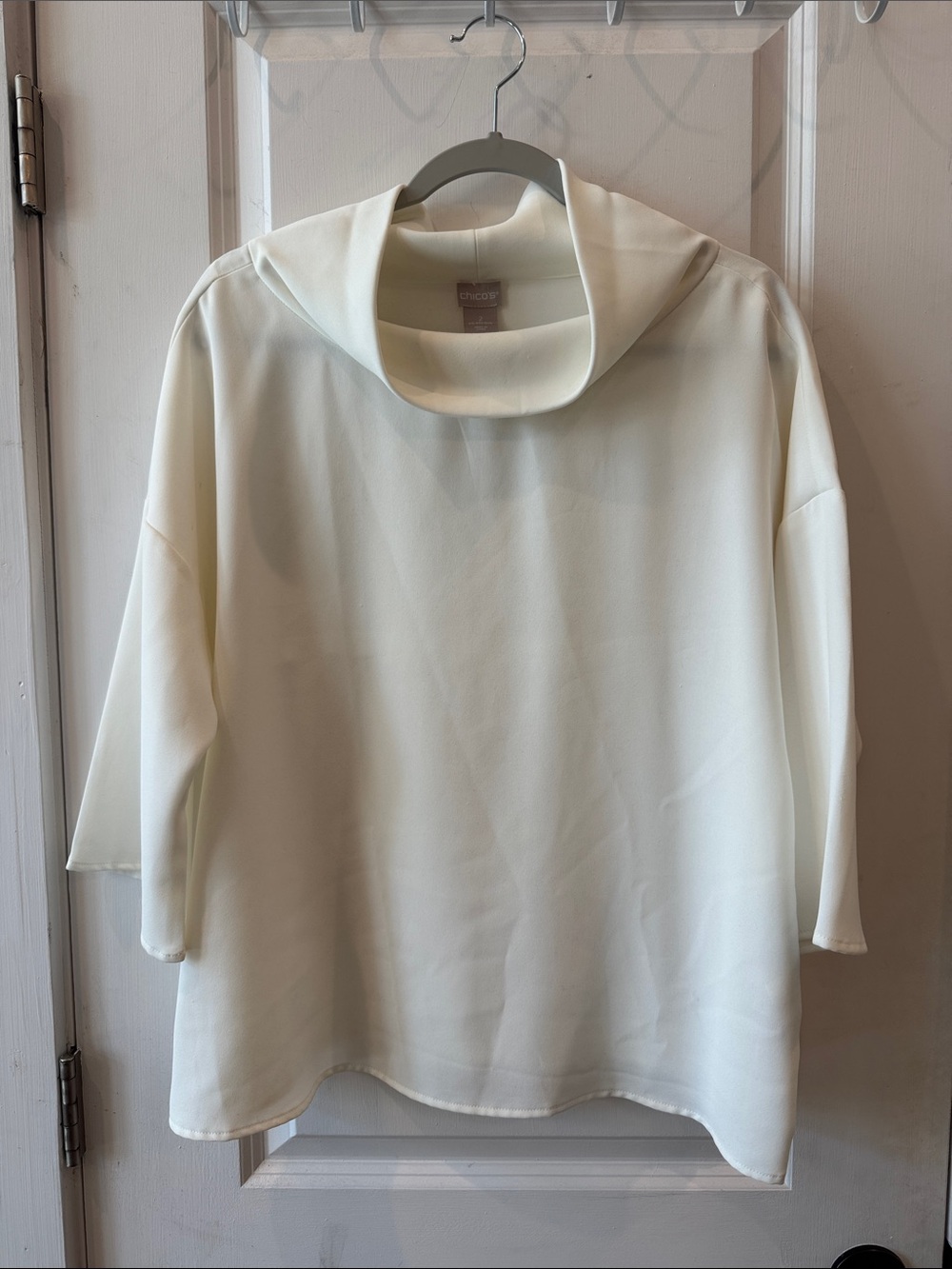 Chico's White Cowl Draped Neck Poncho Style Blouse Three-Quarter Boxy Sleeves